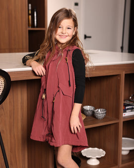 Hooded raincoat dress w/ leather & suede trim